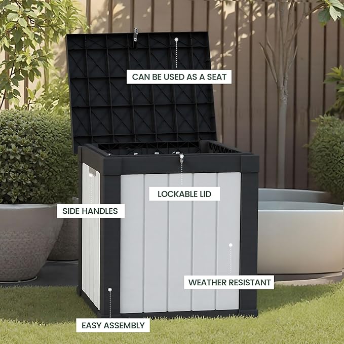 50 Gallon Storage Box, Waterproof Deck Box for Indoor & Outdoor Use, Lockable Pool Storage Bin for Package Delivery, Outdoor Bench for Patio Cushions, Garden Tools, Backyard, Black & White-CasaMuseHome