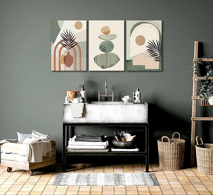 3 Pcs Mid Century Modern Boho Abstract Canvas Wall Art Neutral Green Bohemia Sun and Plant Pictures Wall Decor Posters Print Artwork for Living Room Bedroom Bathroom Office Home Decoration-CasaMuseHome