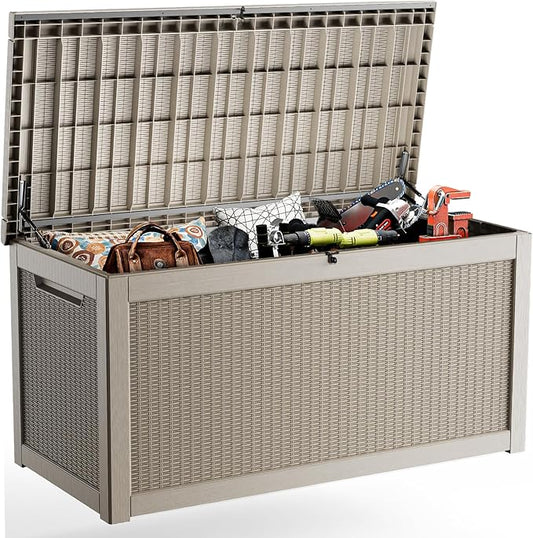 260 Gallon Outdoor Deck Box,Storage Lockable Waterproof Patio Furniture,Garden Tools,Cushions,Pool Accessories Outside Storage Resin Box(Grey)-CasaMuseHome