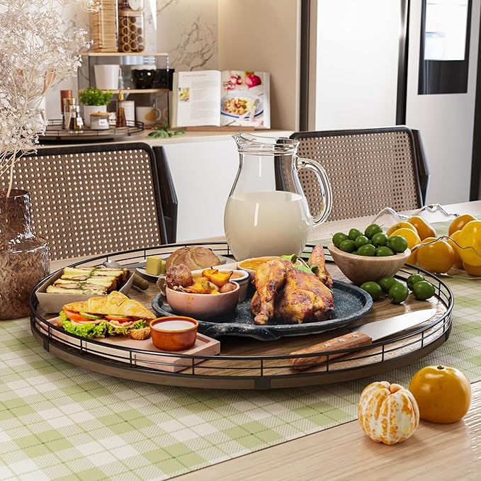 Acacia Wood 21" Lazy Susan Turntable Organizer for Table Top, Farmhouse Extra Large Round Lazy Susan for Serving Kitchen Countertop Cabinet for Charcuterie Centerpiece, Bathroom Vanity Tray Decor-CasaMuseHome