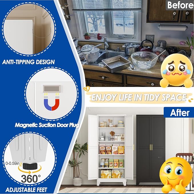 71" Tall Metal Storage Cabinet with 2 Doors and 4 Adjustable Shelves, Kitchen Pantry Cabinet White Freestanding Cupboard, 5 Tier Multifunctional Steel Storage for Office, Kitchen, Dining Room-CasaMuseHome