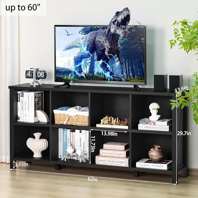 8 Cube Book Shelf, Farmhouse Wood Long Storage Organizer Bookcase, 62" Horizontal Black Console Closet Bookshelf, Hallway TV Stand for Entryway, Display Cabinet Book Case for Living Room-CasaMuseHome