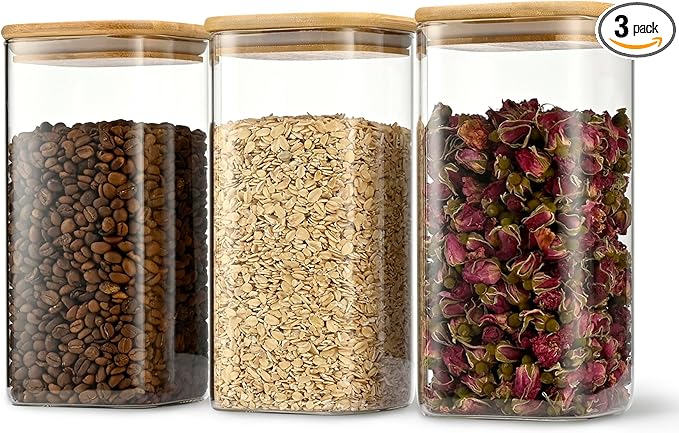52oz Airtight Glass Square Storage Canister with Bamboo Lid Set of 3 (1550ml) Container Stackable Spice Jar, Kitchen Canister for Flour, Cookies, Cereal and Coffee beans (‎with Black Lable)-CasaMuseHome