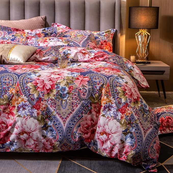 ABREEZE Colorful Floral Duvet Cover Queen 100% Cotton Flower Duvet Cover 3 Piece Set 1 Multi-Colored Damask Paisley Duvet Cover with Zipper Ties 2 Pillowcases Luxury Soft Peony Print Bedding Set-CasaMuseHome