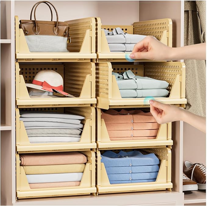 5 Pack Stackable Closet Storage Basket - Stackable Storage Bins, Multifunctional & Foldable Closet Organizer, Wardrobe Cupboard Space-Saving Hat Storage Drawer Organizer, Yellow-CasaMuseHome