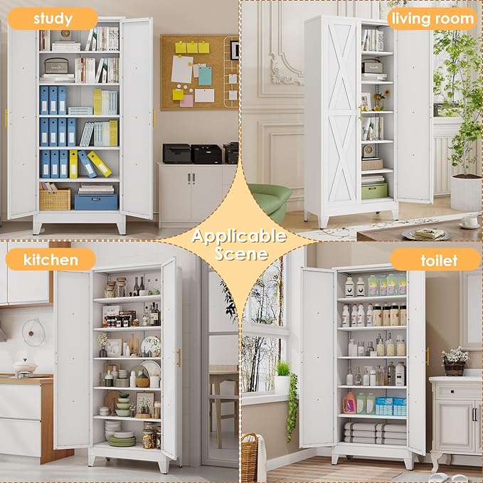 75" Tall Metal Kitchen Pantry Storage Cabinet, Freestanding Cupboard with 2 Doors and 5 Adjustable Shelves, Standing Storage for Kitchen, Bathroom, Garage, Dinning Room or Utility Room（White）-CasaMuseHome