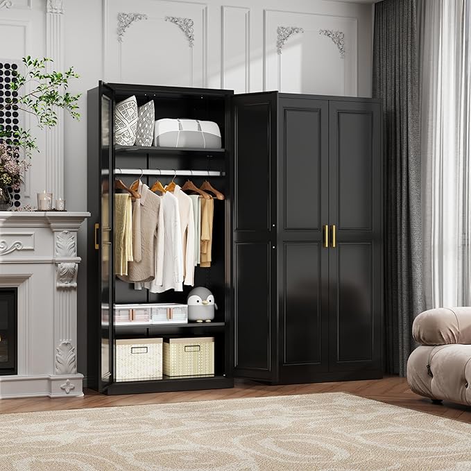 71" Metal Armoire Wardrobe Closet with 2 Doors, Tall Wardrobe Cabinet with Hanging Rod and Adjustable Shelves, Black Clothing Storage Cabinets for Bedroom, Laundry Room, Home Office-CasaMuseHome