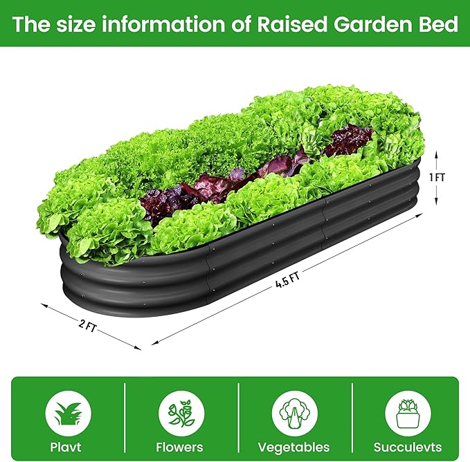 2 Pcs 4.5x2x1ft Oval Raised Garden Bed, Galvanized Raised Beds,Open-Ended Base Metal Raised Planter Beds,Garden Bed Outdoor,Planter Raised Boxes for Vegetables, Flowers,Tool-Free Asse,Gray-CasaMuseHome
