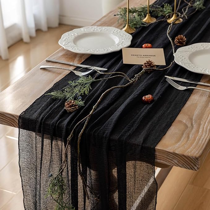 3pcs Halloween Table Runner Black Cheesecloth Gauze Rustic Premium Cotton Cheese Cloth Table Runner 120 Inch 10 FT for Wedding Bridal Baby Shower Long Sheer Boho Decorations-CasaMuseHome