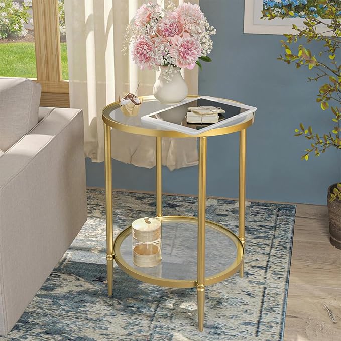 2 Tier Round Side Table, Gold End Table with Glass Top, Modern Metal Clear Coffee Tables, Small Accent Tables for Living Room, Bedroom, 18" x 18"-CasaMuseHome