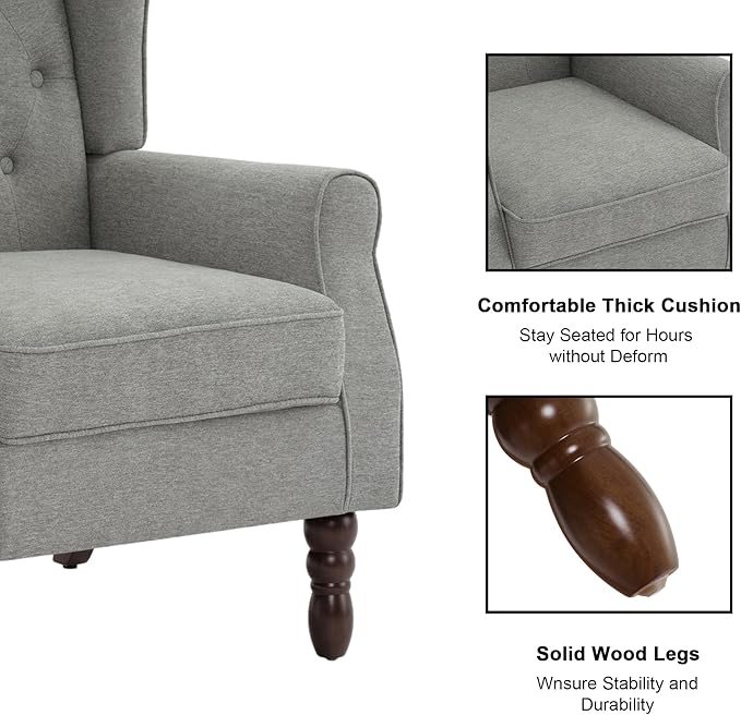 Accent Chair, Upholstered Armchair with Button Tufted High Back & Solid Wood Legs, Comfy Wingback Reading Single Sofa Chair for Small Spaces, Living Room, Bedroom (Light Grey, Set of 1)-CasaMuseHome