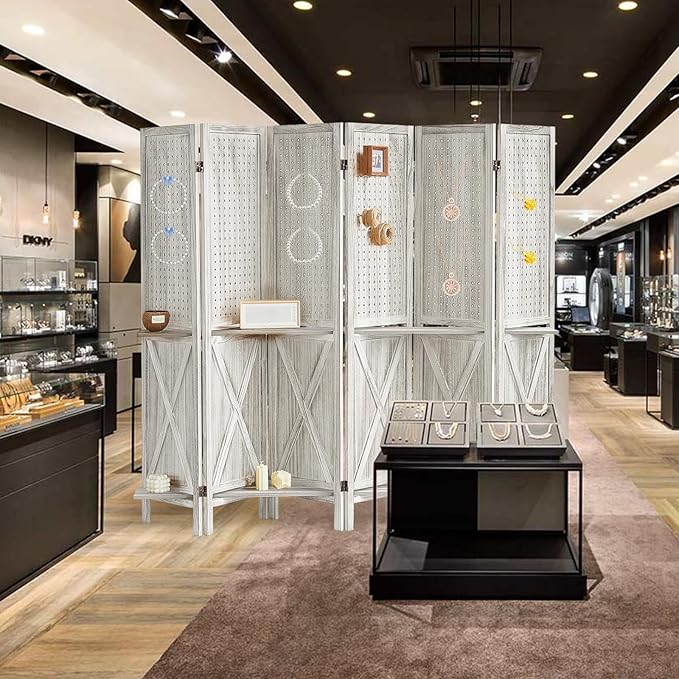 6 Panel Pegboard Display with 24 Hooks, Wooden Pegboard Room Divider Wall with Shelf, Rustic Room Dividers and Folding Privacy Screens, Bedroom, Jewelry Store, White-CasaMuseHome