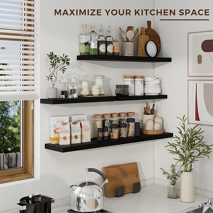 36 inch Floating Shelves Wall Shelves for Office with Invisible Brackets, 8 inch Deep Shelves for Bathroom, Living Room, Kitchen, Office, 36x7.9 inch deep Set of 2, Black-CasaMuseHome