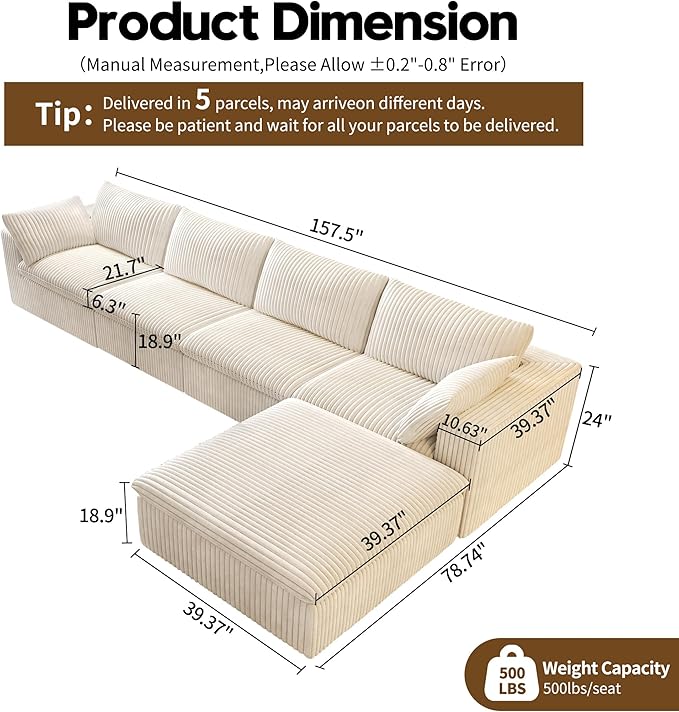 157.5" L Shaped Modern Sofa Modular Sectional Cloud Couch with Ottoman,Deep Seat Upholstered Couches with Corduroy Fabric for Living Room Furniture,Bedroom and Apartment,No Assembly Required,White-CasaMuseHome