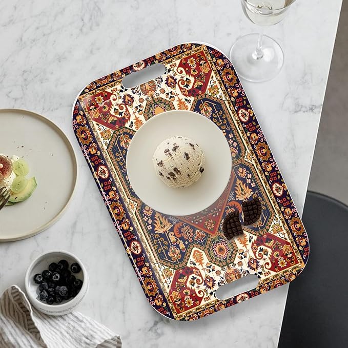 Serving Trays with Handles, 14.5 x 9.8 inch Rectangular Plastic Tray for Restaurant, Kitchen, Dark Red Pattern-CasaMuseHome