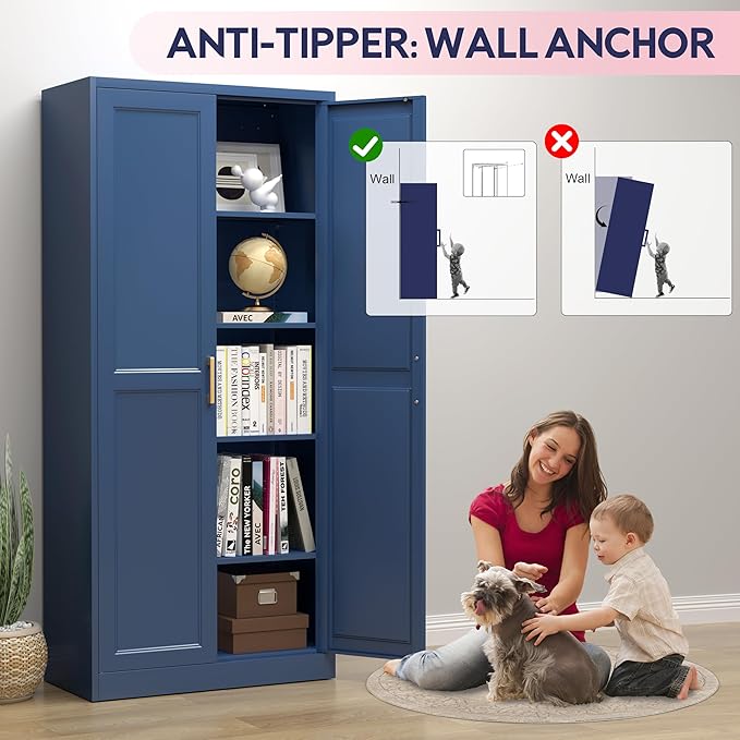 71" Storage Cabinet, Metal Pantry Cabinet, Kitchen Pantry Storage Cabinets with Doors and 4 Shelves, Cabinets for Laundry Room, Living Room, Dinning Room, Assembly Required, Blue-CasaMuseHome