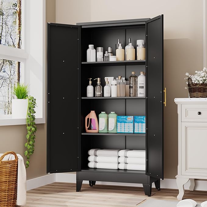 61" H Metal Kitchen Pantry Storage Cabinet, Freestanding Cupboard with 2 Doors and 3 Adjustable Shelves, Standing Storage for Kitchen, Bathroom, Garage, Dinning Room or Utility Room（Black）-CasaMuseHome