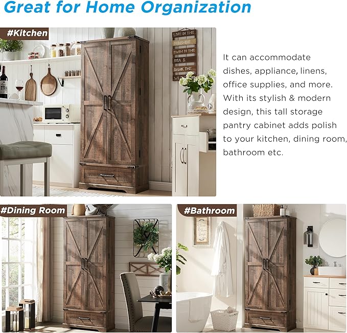 72" Farmhouse Kitchen Pantry Cabinet With Drawer, Tall Storage With 2 Barn Doors and Shelves, Versatile Large Rustic for Dining Room, Bathroom, Living Room, Rustic Brown-CasaMuseHome