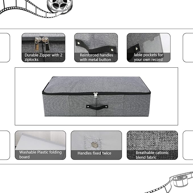 2PCS Foldable Under Bed Storage Box with Plastic Support Liner, Handles, Zipper lid, Blankets Clothes Comforters Storage Bin Organizer for Bedroom and Closet, 29×15×7inch, Black Grey-CasaMuseHome
