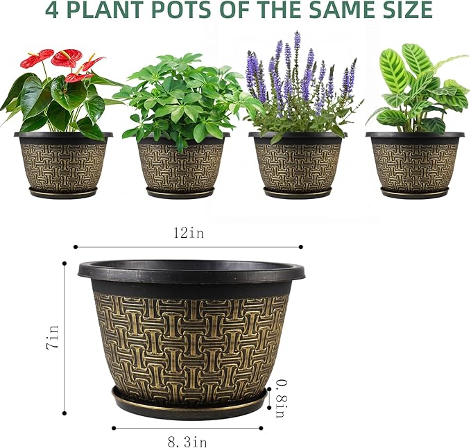 4 Pack 12 Inch Plant Pots,Large-Plant-Flower-Planters-Plastic, Flower Pots Outdoor Indoor with Drainage Holes & Trays, Retro Antique Imitation Decorative Garden Sets for Houseplants-CasaMuseHome
