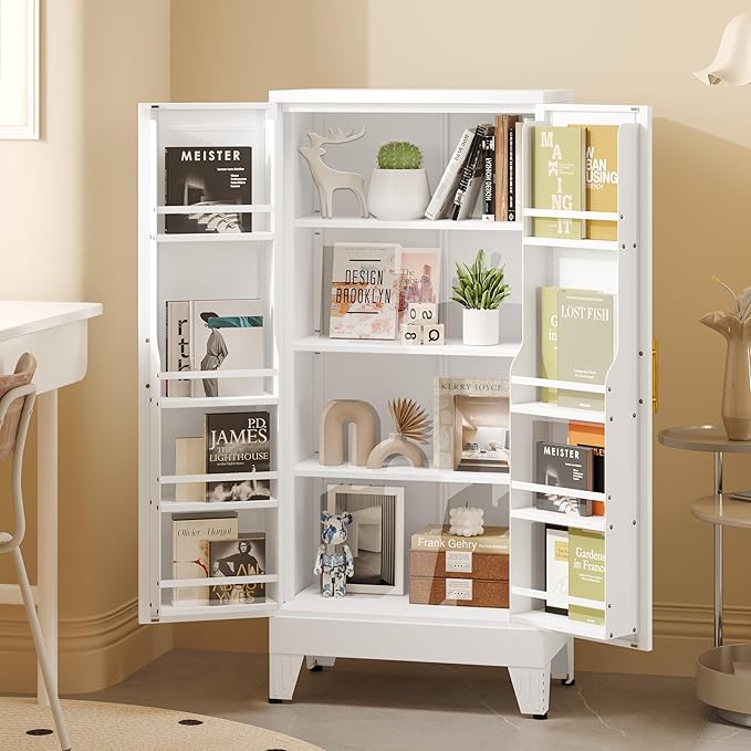 51" Metal Kitchen Pantry Cabinet, Storage Cabinets with 2 Door and 3 Adjustable Shelves, White Freestanding Food Storage Cabinet, Steel Cupboard for Kitchen Dinning Room-CasaMuseHome