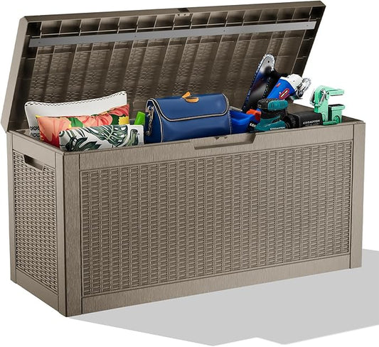 60 Gallon Resin Deck Box, Lockable Outdoor Storage Box for Patio Cushions Storage Furniture,Garden Tools, Pool Supplies, Weatherproof and UV Resistant (Grey Rattan)-CasaMuseHome