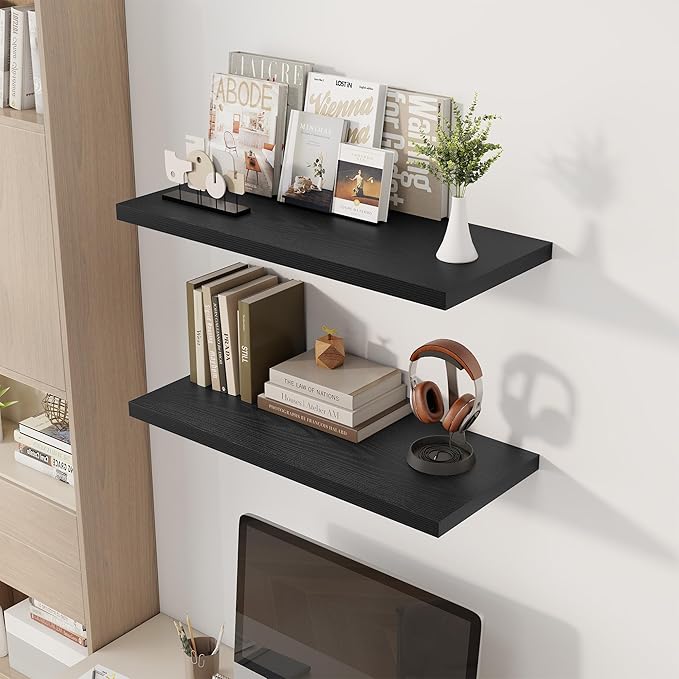 32" Floating Shelves for Wall, 12" Deep Slim Black Floating Shelves, Wall-Mounted Shelves for Bedroom, Living Room, Kitchen, Bathroom - Set of 2-CasaMuseHome