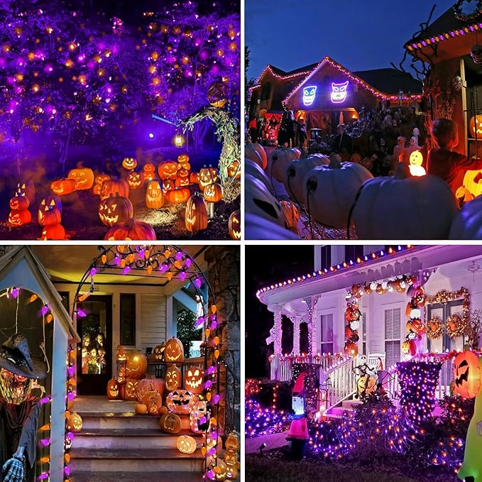 2PK 100 LED Purple and Orange C9 Halloween Lights Indoor Outdoor, Extendable 98FT C9 String Lights with 13 Modes & Timer, Waterproof Plug in Halloween Decorations for Tree Patio Fall Party Garden-CasaMuseHome