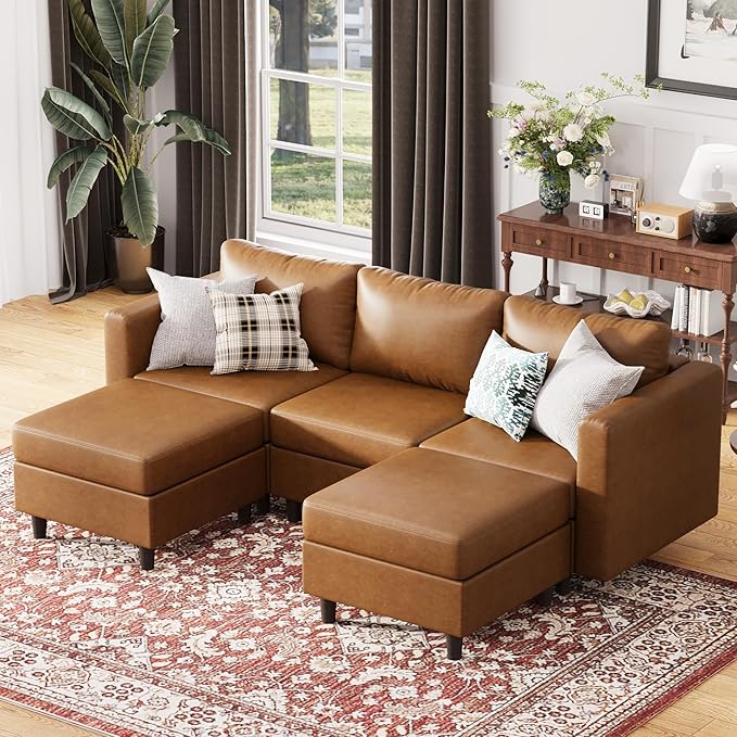 91.5" Faux Leather U Shaped Modular Sectional Sofa, 5 Seater Couch with Movable Ottoman Deep Seat and Storage Seat with Removable Cover for Living Room, Apartment - Brown-CasaMuseHome