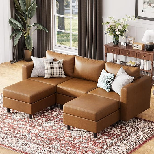 91.5" Faux Leather U Shaped Modular Sectional Sofa, 5 Seater Couch with Movable Ottoman Deep Seat and Storage Seat with Removable Cover for Living Room, Apartment - Brown-CasaMuseHome