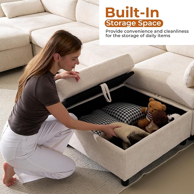 132'' Oversized Modular Sectional Sofa, U Shaped Comfy Sectional Couch with Large Storage, 6 Seat Chenille Deep Seat Cloud Sofa with 2 Throw Pillows for Living Room,Beige-CasaMuseHome