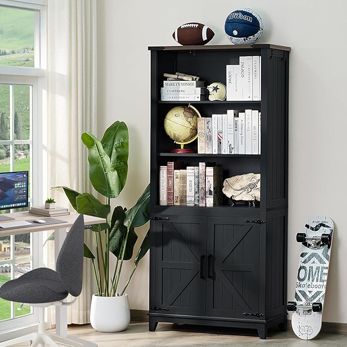 70in Tall Bookshelf 5 Tier Bookcase with Barn Doors and Adjustable Shelves, Black Farmhouse Book Shelf with Storage Cabinet, Wood Freestanding Display Bookshelves for Bedroom, Living Room-CasaMuseHome
