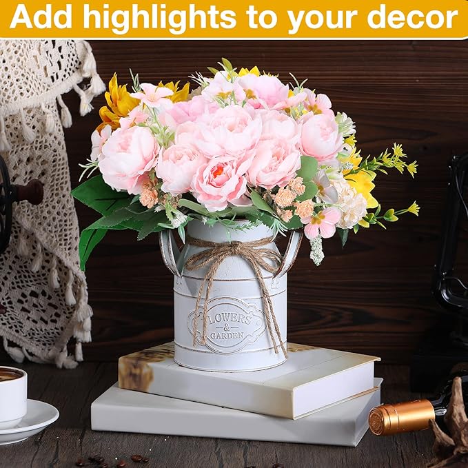 6 Inch Farmhouse Vase Decor Milk Can Vintage Flower Jug Galvanized Metal Vase with Handle Rustic Flower Buckets for Thanksgiving Christmas Table Centerpiece Weddings Gifts(Retro White,8 Pcs)-CasaMuseHome