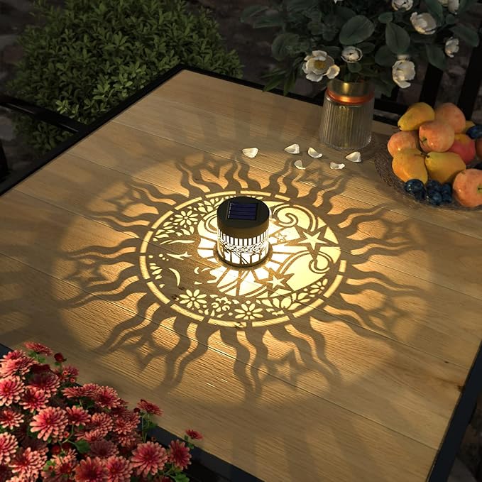 4 Pack Solar Fence Lights Metal Solar Powered Outdoor Wall Deck Lights Sun Moon Theme Waterproof Fence Light for Garden Post Patio Backyard Yard Decor (Face, 4 Pack)-CasaMuseHome