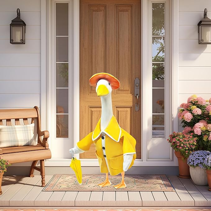 23 Inch Porch Goose Raincoat Outfit with Umbrella– Cement Goose Clothes for Porch Goose Statue, Waterproof Outdoor Goose Outfit for Lawn & Garden Decor-CasaMuseHome