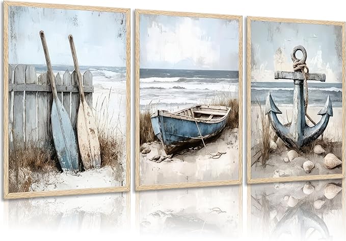 3Pcs Nautical Beach Wall Art Sailboat Paddle and Anchor Paintings Pictures Wall Decor Nautical Coastal Posters Prints Artwork for Living Room Bedroom Home Office Corridor Home Decroation Unframed-CasaMuseHome