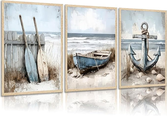 3Pcs Nautical Beach Wall Art Sailboat Paddle and Anchor Paintings Pictures Wall Decor Nautical Coastal Posters Prints Artwork for Living Room Bedroom Home Office Corridor Home Decroation Unframed-CasaMuseHome
