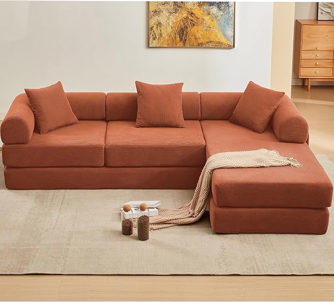 107" Oversized Convertible Sleeper Sofa Bed, Corduroy L Shape Sectional Couch, Folding Sofa Bed with Side Pocket, Modern Cloud Floor Mattress Couch, Modular Sofa for Living Room, Orange-CasaMuseHome