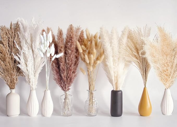 130 PCS Dried Pampas Grass Bouquet, Boho Table Decor, Bunny Tails Dried Flowers, Brown Pampas, Fluffy Pompas, White Pampas Grass for Weddings, Home Decor, Rustic Parties, and Baby Shower Decorations-CasaMuseHome