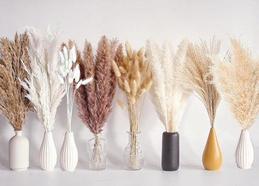 130 PCS Dried Pampas Grass Bouquet, Boho Table Decor, Bunny Tails Dried Flowers, Brown Pampas, Fluffy Pompas, White Pampas Grass for Weddings, Home Decor, Rustic Parties, and Baby Shower Decorations-CasaMuseHome