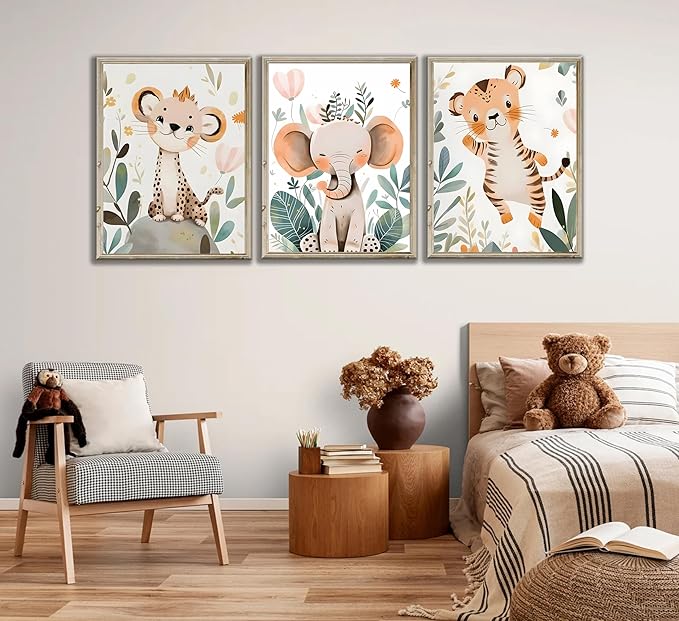 3 Pcs Safari Animals Nursery Canvas Wall Art Jungle Animals Cheetah Elephant Tiger Kids Room Illustration Pictures Wall Decor Posters Print Artwork for Classroom Boy's Girl's Room Bedroom-CasaMuseHome