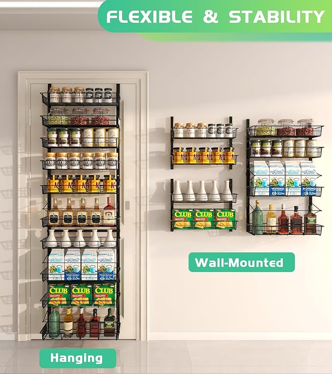 10-Tier Over The Door Pantry Organizer, Pantry Organization and Storage, Black Metal Hanging Adjustable Basket, Wall Spice Rack Seasoning Shelves, Home & Kitchen Essentials-CasaMuseHome