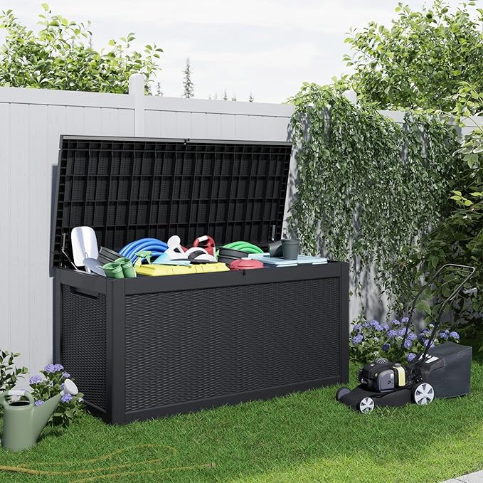 260 Gallon Resin Deck Box, Lockable Patio Outdoor Storage Box for Furniture, Garden Tools and Tools Storage, Waterproof Outside Storage Boxes - Black-CasaMuseHome