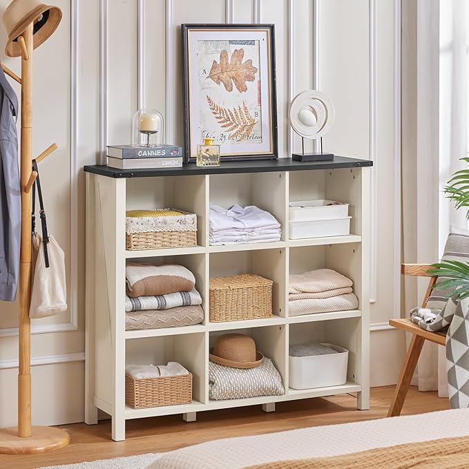 9 Cube Bookcase, Farmhouse 47 Inch Wide White Bookshelf, Wooden 3 Tier Display Large Open Book Shelf, Vintage Horizontal Book Case for Home Office, Cubby Storage Cabinet for Living Room-CasaMuseHome