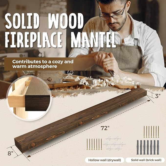 72x8x3 Fireplace Mantel - Handcrafted Hollow Rustic Solid Wood Wall Mounted Floating Shelf with Invisible Heavy Duty Wood Bracket (Weathered Brown)-CasaMuseHome