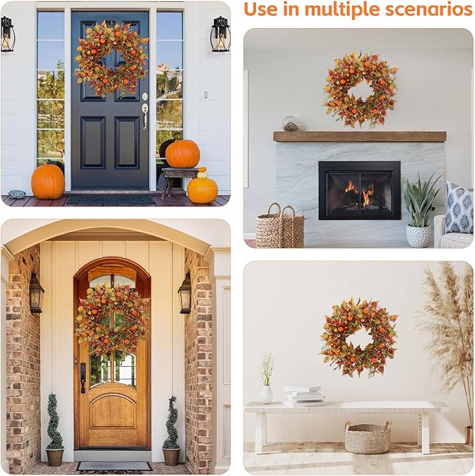 22 inch Artificial Fall Wreaths for Front Door,Autumn Wreath with Pumpkin and Maple Leaves Suitable for Indoor Outdoor Wall Porch Harvest Festival Thanksgiving Day Farmhouse Holiday Decor.-CasaMuseHome