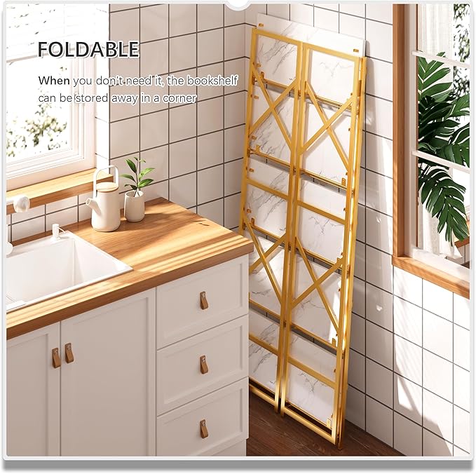 4NM 5 Tiers No Assembly Book Shelves, 51.2" H Folding Bookshelf Bookcase Open Industrial Foldable Shelves for Bedroom, Living Room, Home Office - White Gold-CasaMuseHome