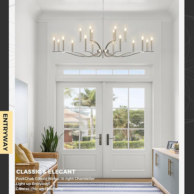 18 Light Nickel Living Room Chandelier High Ceiling Foyer Candle Chandelier Large Modern 59in Metal Chandeliers Hanging Light for Master Bedroom Dining Room Light Fixture Over Table-CasaMuseHome