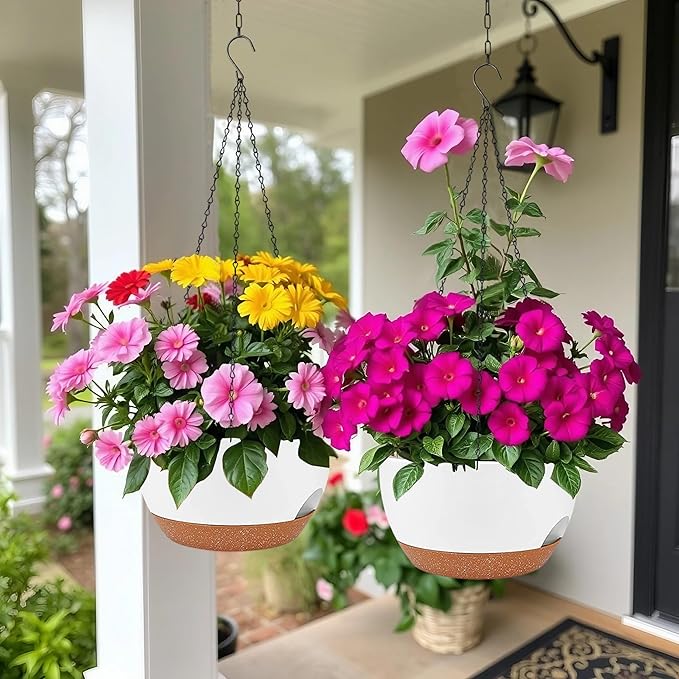 2 Pack Hanging Planters for Indoor Outdoor Plants, 12 Inch Self Watering Hanging Pot with Drainage Holes and Saucer, Plastic Plant Pots, White Brown Flower Pots for Kitchen, Balcony, Garden-CasaMuseHome