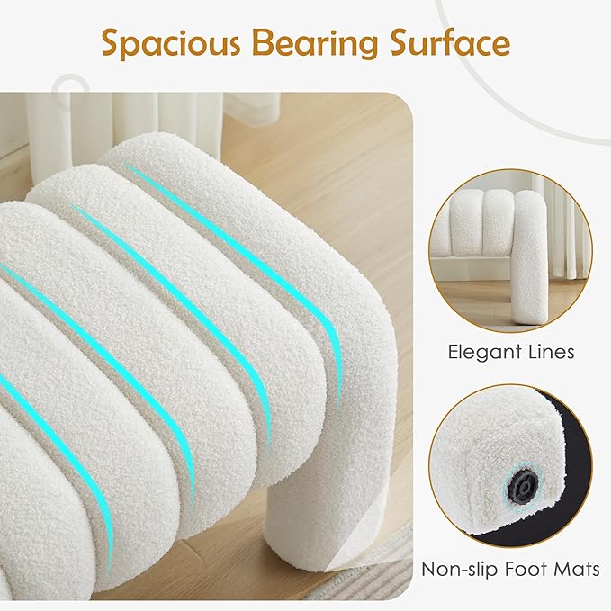 43.3" Bedroom Bench, Upholstered Entryway Bench, Modern End of Bed Ottoman with Solid Wood Legs and Adjustable Foot Pegs for Entryway, Dining Room and Living Room (White Teddy)-CasaMuseHome